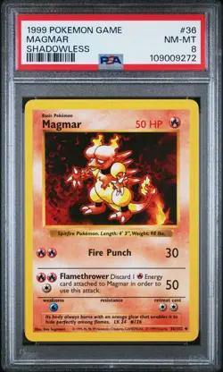 Pokemon Card Magmar 36/102 Shadowless Base Set 1999 PSA 8 NM-MT - Image 1
