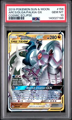 2019 POKEMON SUN & MOON COSMIC ECLIPSE #156 ARCEUS & DIALGA & PALKIA GX PSA 10 - Image 1