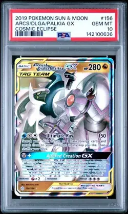 2019 POKEMON SUN & MOON COSMIC ECLIPSE #156 ARCEUS & DIALGA & PALKIA GX PSA 10 - Image 1