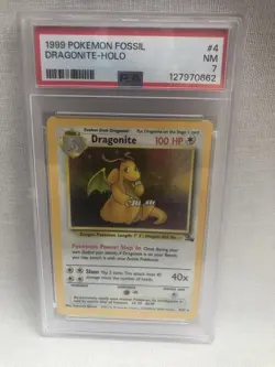 Pokemon 1999 WOTC PSA 7 Fossil Unlimited Dragonite 4/62 Holo Rare Near Mint - Image 1