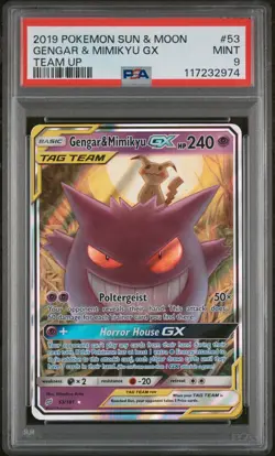 2019 POKEMON SUN & MOON TEAM UP #53 GENGAR & MIMIKYU GX PSA 9 - Image 1