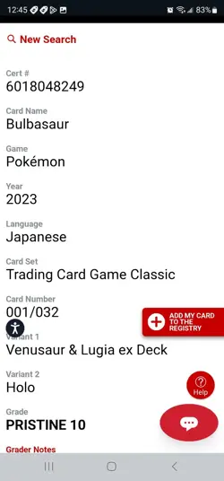 Bulbasaur 001/032 Cgc Pristine 10 HOLO RARE Japanese Classic Collection - Image 2