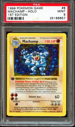 PSA 9 MINT Machamp 8/102 1st Edition Shadowless Base Set Holo 1999 Pokemon Card - Image 1