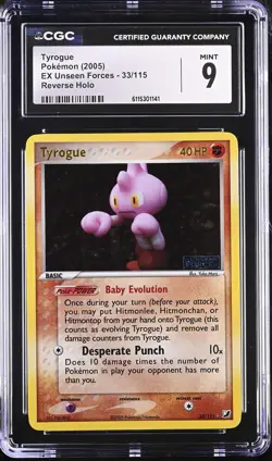 CGC 9 MINT Tyrogue EX Unseen Forces 33/115 Reverse Holo Stamped Pokemon Card - Image 1