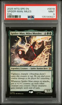 2025 MTG MARVEL'S SPIDER-MAN ETERNAL FOIL #0018 SPIDER-MAN, MILES MORALES PSA 9 - Image 1