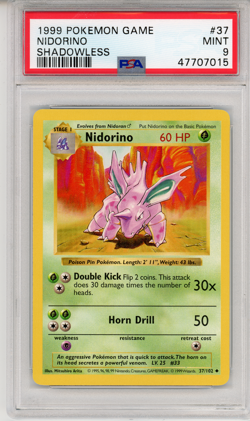 1999 POKEMON GAME NIDORINO SHADOWLESS - PSA 9 - #37 37/102 MINT GENUINE - Image 1