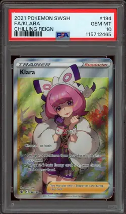 Pokemon PSA 10 Klara 194/198 Sword & Shield Chilling Reign Full Art Rare Mint - Image 1