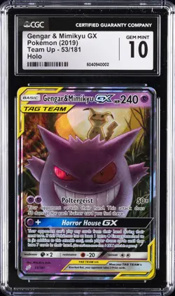 2019 POKEMON TEAM UP HOLO #53 GENGAR & MIMIKYU GX CGC 10 GEM MINT - Image 1