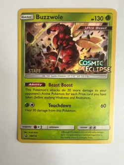 Pokemon TCG: Buzzwole SM218 PRE RELEASE STAFF STAMPED Cosmic Eclipse Promo - Image 1