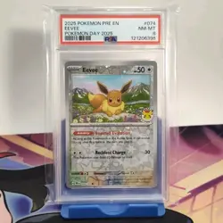 Eevee 074/131 Prismatic Evolutions Pokemon Day 2025 Cosmo Holo Pokemon TCG PSA 8 - Image 1