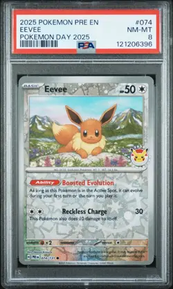 Eevee 074/131 Prismatic Evolutions Pokemon Day 2025 Cosmo Holo Pokemon TCG PSA 8 - Image 2