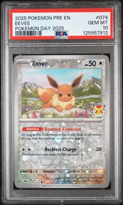 2025 POKEMON PRE EN-PRISMATIC EVOLUTIONS POKEMON DAY 2025 #074 EEVEE PSA 10 - Image 1