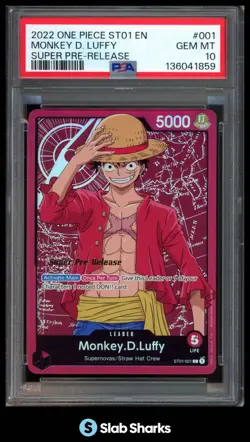 2022 ONE PIECE ST01 EN #ST01-001 MONKEY D. LUFFY SUPER PRE-RELEASE PSA 10 - Image 1