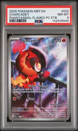 2025 POKEMON PHANTASMAL FLAMES POKEMON CENTER ETB #022 CHARCADET PSA 8 - Image 1