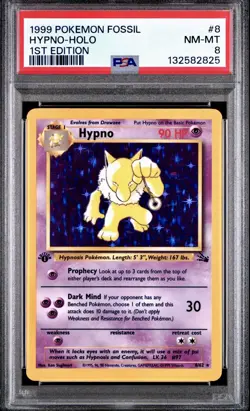 1999 Pokemon Fossil 8 Hypno-Holo 1st Edition PSA 8 - Image 1