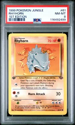 1999 POKEMON JUNGLE 1ST EDITION #61 RHYHORN PSA 8 - Image 1