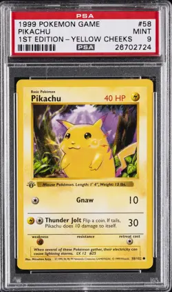 1999 POKEMON GAME 1ST ED-YELLOW CHEEKS #58 PIKACHU PSA 9 - Image 1