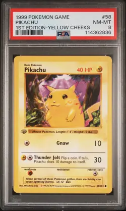 1999 POKEMON GAME 1ST ED-YELLOW CHEEKS #58 PIKACHU PSA 8 - Image 1
