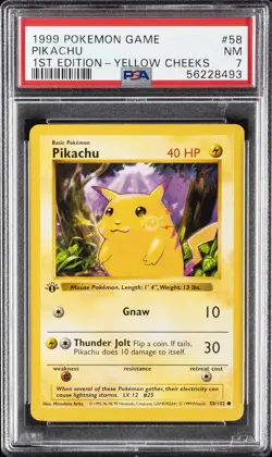 1999 POKEMON GAME 1ST ED-YELLOW CHEEKS #58 PIKACHU PSA 7 - Image 1