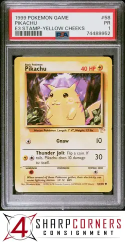 1999 POKEMON GAME #58 PIKACHU YELLOW CHEEKS E3 STAMP PSA 1 - Image 1