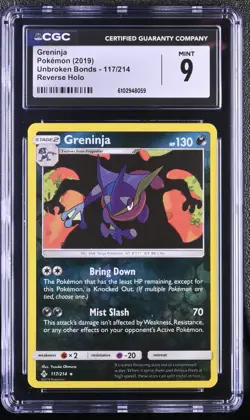 CGC 9 MINT Greninja 117/214 Reverse Holo Rare Unbroken Bonds 2019 Pokemon - Image 1
