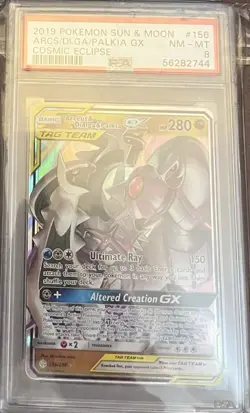 2019 POKEMON SUN & MOON COSMIC ECLIPSE #156 ARCEUS & DIALGA & PALKIA GX PSA 8 - Image 1