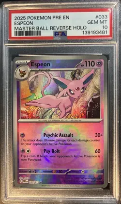 2025 POKEMON PRE EN-PRISMATIC EVOLUTIONS MASTER BALL REVERSE HOLO ESPEON PSA 10 - Image 1