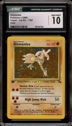 Pokemon Hitmonlee Fossil 1st Edition Holo Rare #7 CGC 10 Gem Mint - Image 1