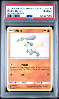 2019 POKEMON SUN & MOON HIDDEN FATES #SV21 RIOLU-HOLO PSA 10 - Image 1