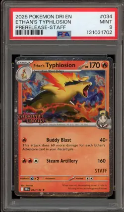 Pokemon Ethan's Typhlosion Destined Rivals STAFF Prerelease Holo Rare #034 PSA 9 - Image 1
