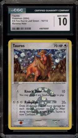 Pokemon Tauros EX Fire Red & Leaf Green Reverse Holo Rare #16 CGC 10 Gem Mint - Image 1