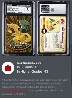 1999 CGC 8 Series 1 CHARIZARD Second Print Silver Foil TOPPS #6 Pokemon - Image 3