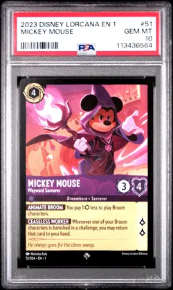 2023 DINSEY LORCANA EN 1 #51 MICKEY MOUSE - WAYWARD SORCERER PSA 10 - Image 1