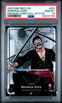 2023 ONE PIECE PREM BANDAI PREM CARD COLL 25TH ED #001 RORONOA ZORO PSA 10 - Image 1