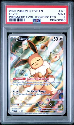 2025 POKEMON SVP PRISMATIC EVOLUTIONS POKEMON CENTER ETB #173 EEVEE PSA 9 - Image 1