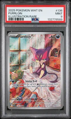 2025 POKEMON WHT EN-WHITE FLARE ILLUSTRATION RARE #136 PURRLOIN PSA 9 - Image 1