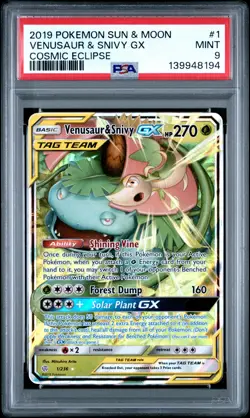 2019 POKEMON SUN & MOON COSMIC ECLIPSE #1 VENUSAUR & SNIVY GX PSA 9 - Image 1