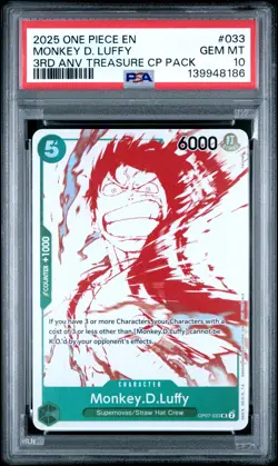 2025 ONE PIECE 3RD ANNIVERSARY TREASURE CAMPAIGN #033 MONKEY D. LUFFY PSA 10 - Image 1