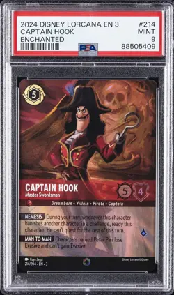 2024 DISNEY LORCANA EN 3-INTO THE INKLANDS ENCHANTED #214 CAPTAIN HOOK PSA 9 - Image 1