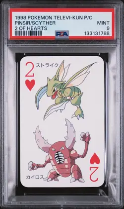 1998 POKEMON TELEVI-KUN MAGAZINE PLAYING CARDS 2 OF HEARTS PINSIR/SCYTHER PSA 9 - Image 1