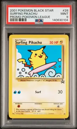 2001 POKEMON PROMO BLACK STAR POKEMON LEAGUE #28 SURFING PIKACHU PSA 9 - Image 1