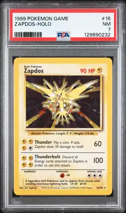 1999 POKEMON BASE SET UNLIMITED #16 ZAPDOS-HOLO PSA 7 - Image 1