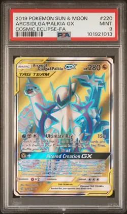 2019 POKEMON SUN & MOON COSMIC ECLIPSE FA/ARCEUS & DIALGA & PALKIA GX PSA 9 - Image 1