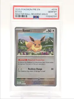 EEVEE 2025 POKEMON PRISM MASTER BALL REVERSE HOLO 074/131 PSA 10 Q0004 - Image 1