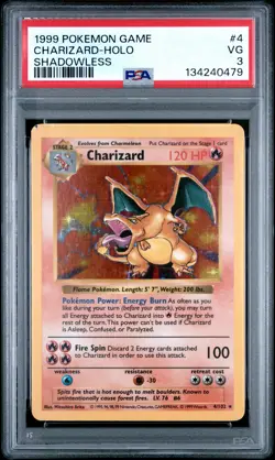 1999 POKEMON BASE SET SHADOWLESS #4 CHARIZARD-HOLO PSA 3 - Image 1