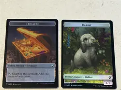2 x mtg foil token Rabbit // Treasure, 004/017, Baldur's Gate, unplayed - Image 1