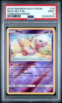 2019 POKEMON SUN & MOON UNBROKEN BONDS #76 MEW-REVERSE FOIL PSA 9 - Image 1
