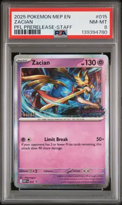 2025 POKEMON MEP PHANTASMAL FLAMES PRERELEASE-STAFF PROMO #015 ZACIAN PSA 8 - Image 1