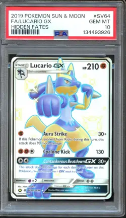 Lucario GX SV64/SV94 Hidden Fates Full Art Rare PSA 10 Gem Mint Pokemon Card - Image 1