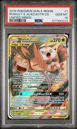 2019 POKEMON SUN & MOON UNIFIED MINDS #1 ROWLET & ALOLAN EXEGGUTOR GX PSA 10 - Image 1